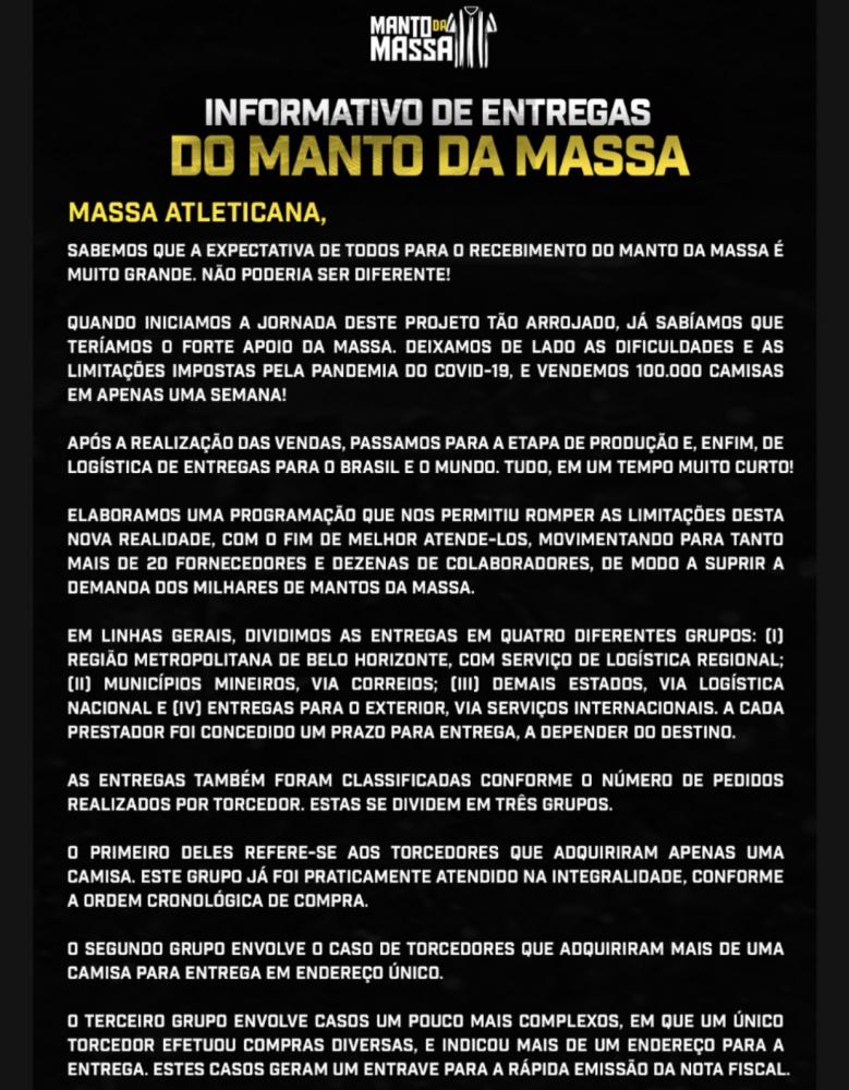 Definido a data final de entrega do Manto da Massa